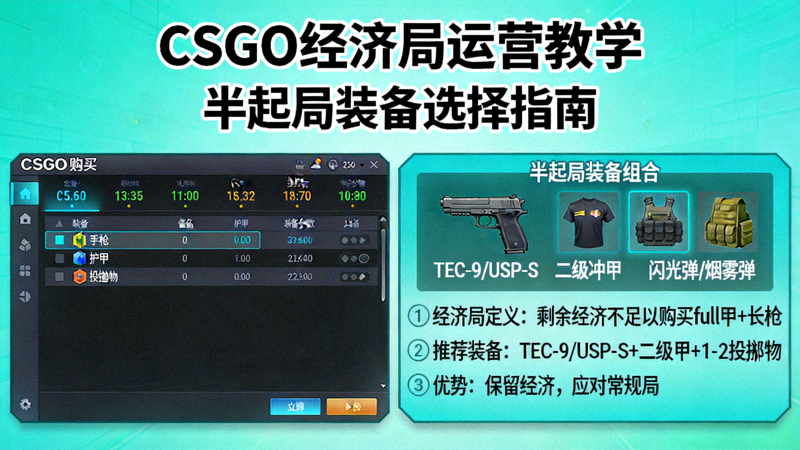CSGO经济局运营教学配图，购买菜单与半起局装备选择