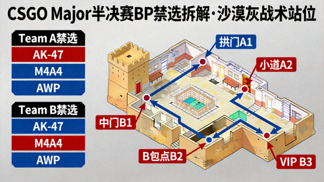 CSGO Major半决赛BP禁选拆解配图，沙漠灰地图战术站位示意