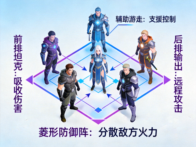 电竞赛事团战站位与宏观策略拆解配图，五人阵型分布示意