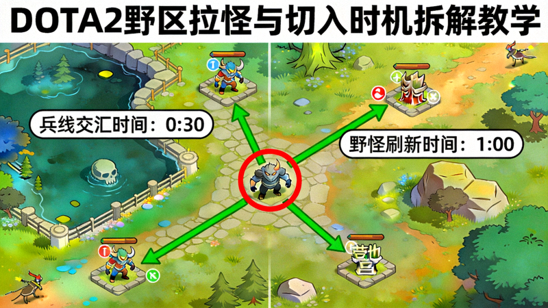 DOTA2野区拉怪与切入时机拆解教学配图，兵线交汇与野怪营地