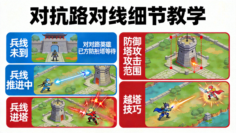 王者荣耀对抗路对线细节教学配图，兵线推进与防御塔攻防