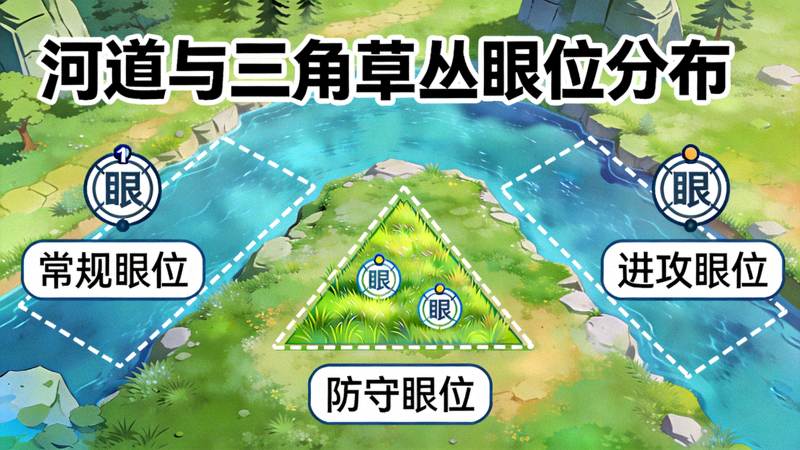 英雄联盟视野布控教学配图，河道与三角草丛眼位分布