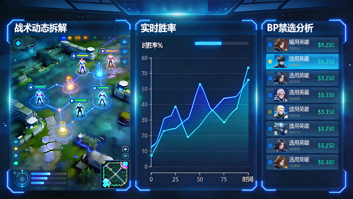 战术动态拆解沙盘界面，电竞比赛实时胜率走势图与BP禁选分析面板